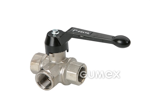 Dreiwege-Kugelhahn gebohrt in "L", DN10, Innengewinde G 3/8", 16bar, Dichtung PTFE, Messing, 
